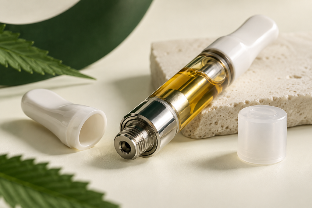 Detailprüfung von Gewinde, Kontaktbereich und Mundstück einer CBD-Kartusche