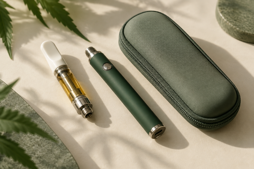 CBD-Kartusche und 510-Vape-Pen sicher getrennt in einer Transporthülle