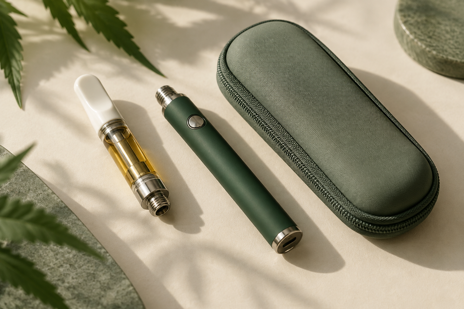 CBD-Kartusche und 510-Vape-Pen sicher getrennt in einer Transporthülle