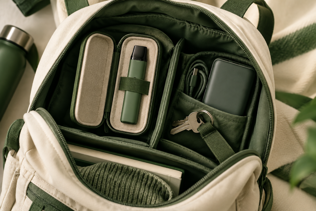 Getrennte Transportzonen für Einweg-Vape, Schlüssel und Powerbank im Rucksack