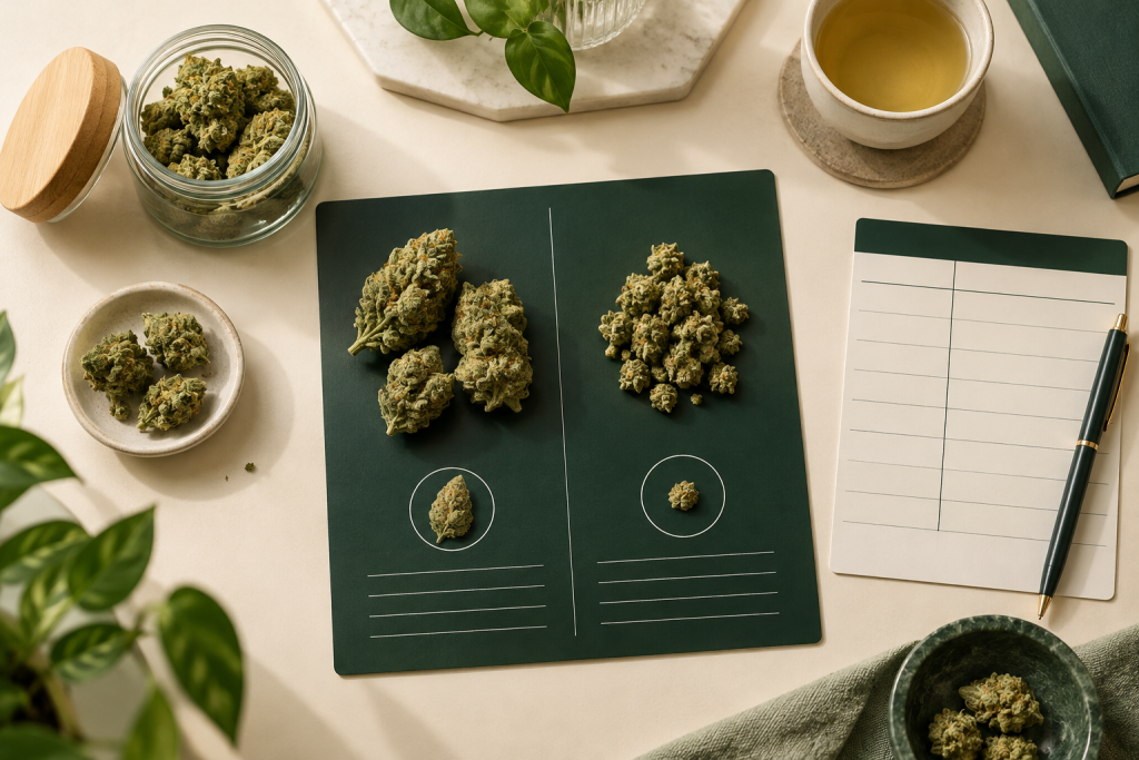 Zwei getrennte Formatgruppen aus mittelgroßen CBG Blüten und Small Buds für einen sachlichen Vergleich