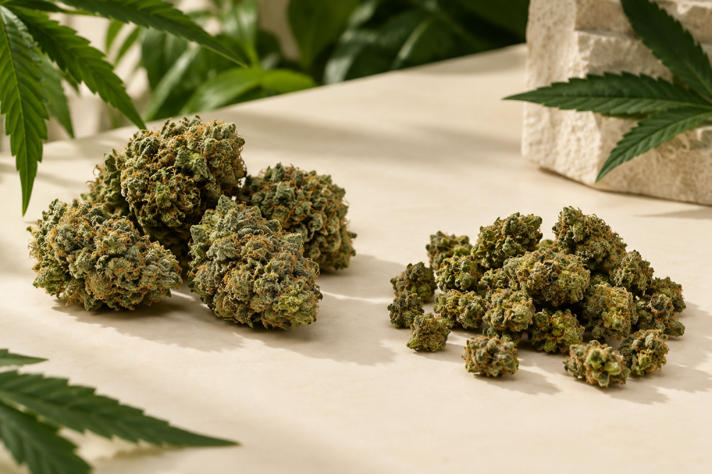 Mittelgroße Buds und Small Buds als sichtbar unterschiedliche CBG-Blütenformate