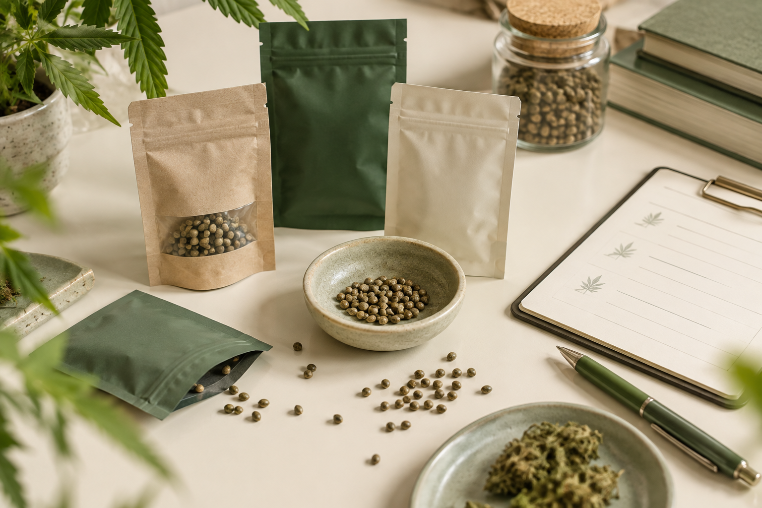 Neutrale Samenpackungen und Vergleichsnotizen für feminisierte Cannabissamen