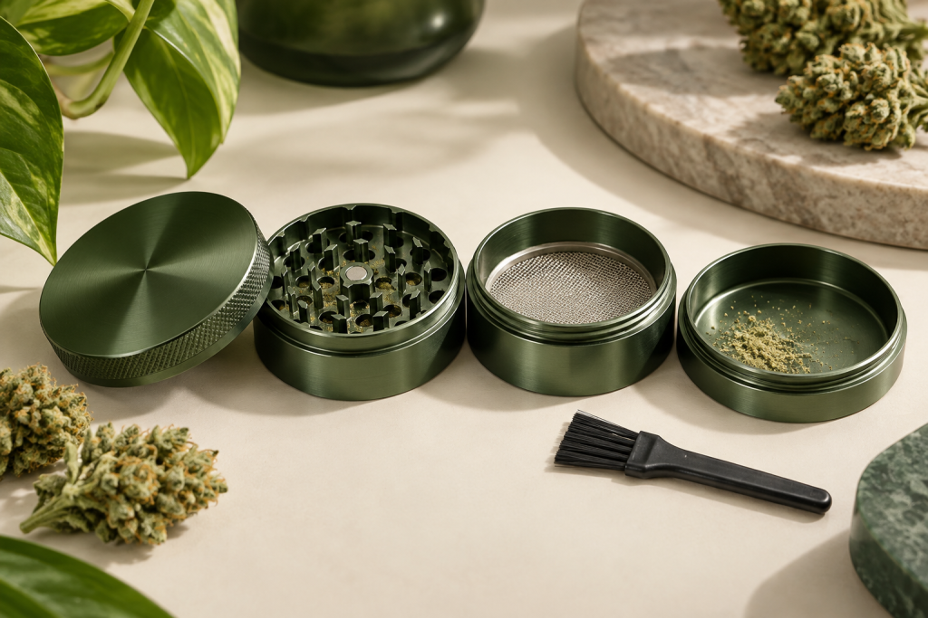 Geöffneter Grinder mit getrennten Bauteilen und weicher Bürste auf sauberer Arbeitsfläche